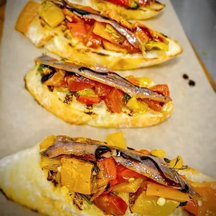 Roasted Peppers &amp; Anchovy Bruschetta - Tomatoes, Garlic, Fresh Dill, Extra Virgin Olive Oil, Lemon Juice on Grilled Baguette