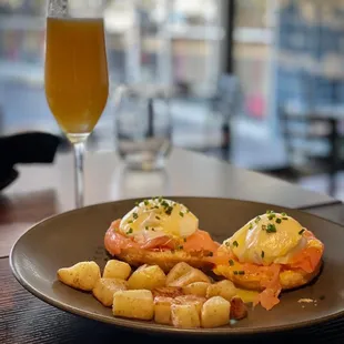 Brunch every Saturday &amp;Sunday. Eggs Royal on a pastry puff with poached eggs and smoked salmon