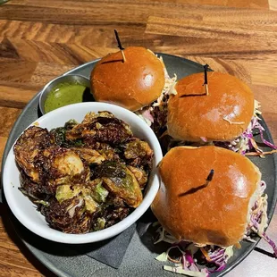 Braised Beef Short Rib Sliders, Brussel sprouts