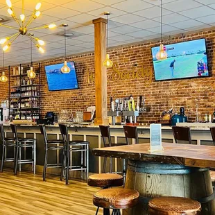 a bar with wooden tables and stools