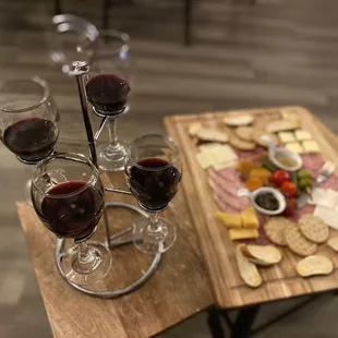 Red wine flight and charcuterie board