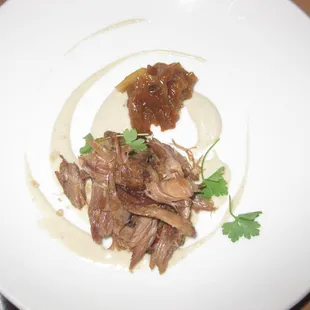 Crispy Duck Confit | Caramelized Onion | Parsley Root + Purée | Caraway