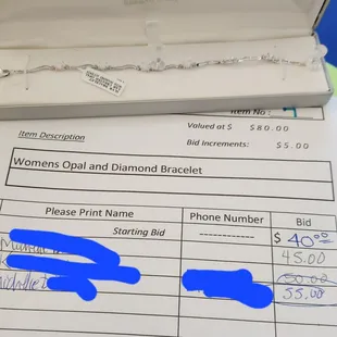 a receipt for a diamond bracelet