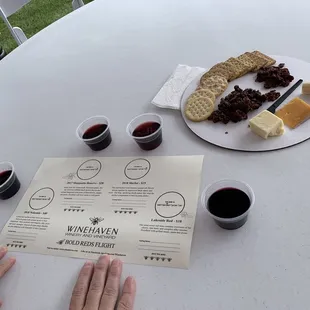 Bold red wine flight and Cheese fruit and nut tray