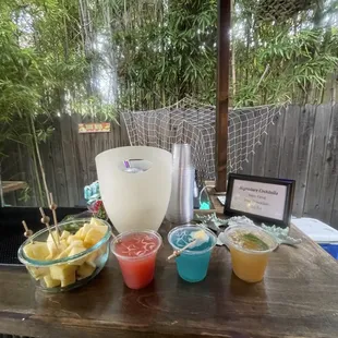 Tiki drink display for a birthday party.