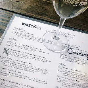 a glass of wine on a menu