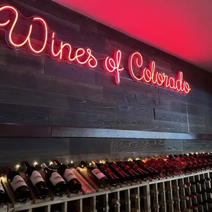 Our new wall featuring our selection of Colorado Wines.  Remember, we have Creekside Dining, great service and a warm hospitality.  C u soon