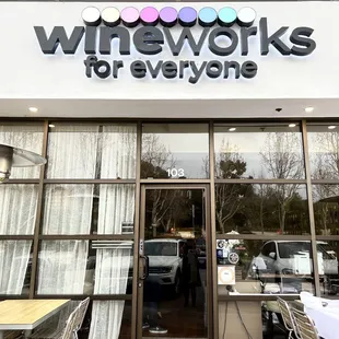 Front entrance with outdoor seating.