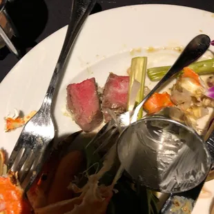 a plate of food and utensils