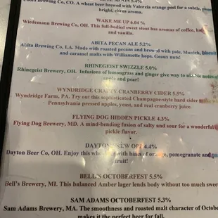 Craft beer menu