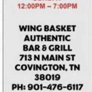 Hours for Wing Basket, Covington, Tn