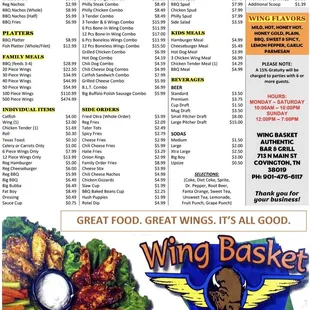 The most recent menu for Wing Basket. As if 8/1/2022