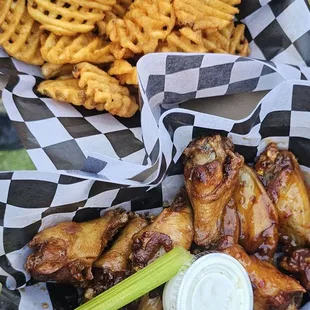 12 bone-in wings: 1/2 Sweet Asian Chili, 1/2 Maple Bacon with waffle fries