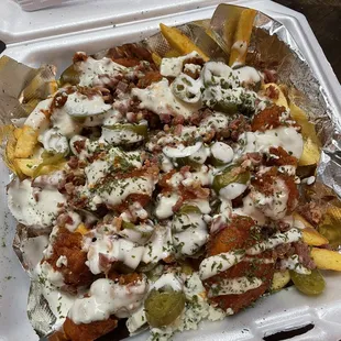 Loaded blue cheese Buffalo boneless chicken with fries