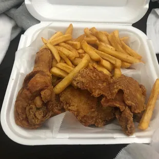 Three piece chicken with fries