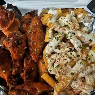 chicken wings, macaroni, and cheese fries