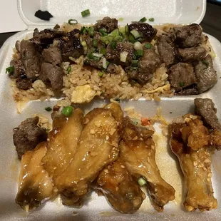 Honey garlic wings and steak fried rice
