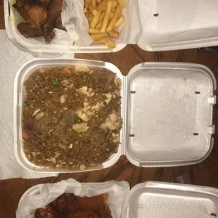 Looks awesome and tastes great!! Lemon pepper wings with the fries and buffalo wings and combination fried rice!