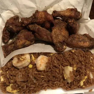 Garlic pepper wings and shrimp fried rice