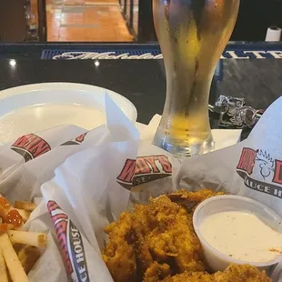 Buffalo shrip with fries and ice cold beer