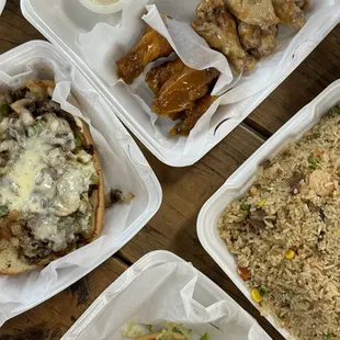 Philly Cheese Steak, Crispy Chicken Sandwich, fried rice, wings