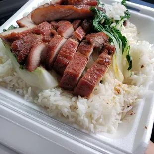 BBQ roast pork with rice.  It comes with vegetables (baby bok choy).  Best in Sacramento!