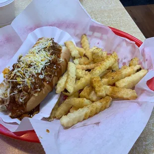Chili dog with fries