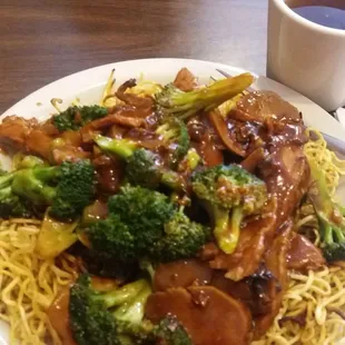 BBQ Pork with Broccoli over Chow Mein Noodles