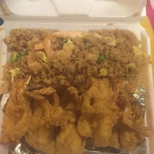 Butterfly shrimp with shrimp fried rice