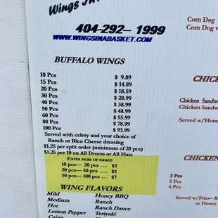 Menu: Wing selections