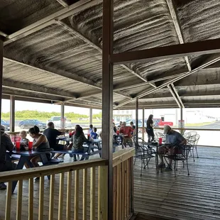 people sitting at tables on a deck