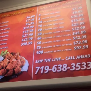 the price of wings on the menu