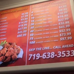 the price of wings on the menu