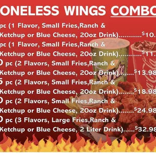 Boneless wings combo comes with fries veggie celery sticks and carrots drink ranch and catch up or blue cheese.