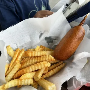 Kids corn dog and fries