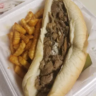 Cheesesteak with mushrooms and extra meat. Came with fries and a pickle spear.