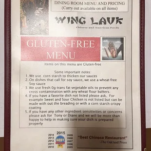Gluten free menu
