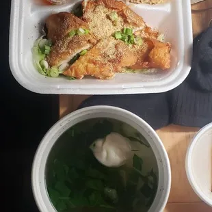 Wonton soup and almond chicken.  Yumm