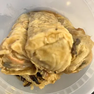 tofu skin wrap with noodles (stuffed bean curd)- doesn&apos;t sound appealing but it is very good!