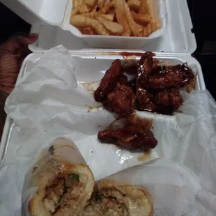 Chicken Philly, Lemon Honey BBQ wings &amp; fries!