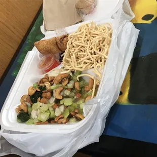 Chicken cashew,  chow mein, and egg role