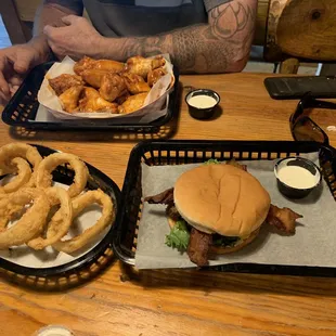 Smoked Bacon Cheese Burger, Onion Rings, and Medium Wings!