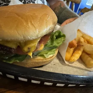 Kids cheeseburger with lettuce, tomato, and onion