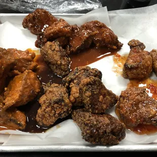 Boneless wings - mango habanero, hot, Hawaiian bbq, and sweet chili