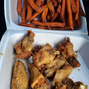 chicken wings and sweet potato fries