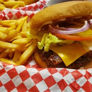 Bacon cheese burger with fries this is a great burger.