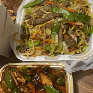 Vegetable beef with soft noodles and kung pao chicken no peanuts