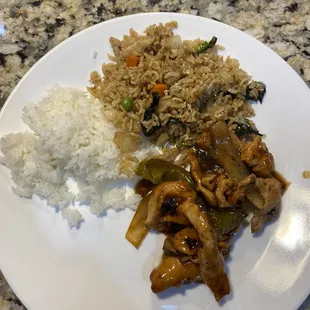 Chicken in Black bean sauce. Thai Basil Jasmine Egg Fried Rice.