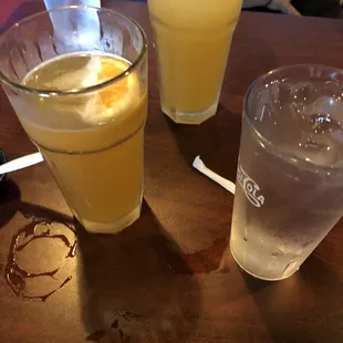 two glasses of lemonade and a glass of water