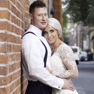 Kate and Kyle outside of Mulvaney's B&amp;L on their wedding day.
